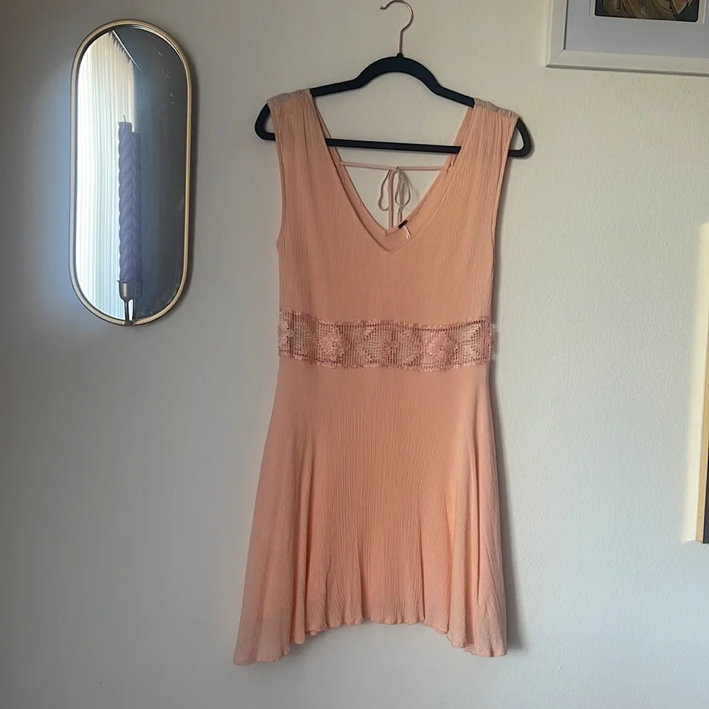 FREE PEOPLE Peach fairycore🍑 V-Neck Mini Dress with Lace Cut Out - Picture 4 of 10